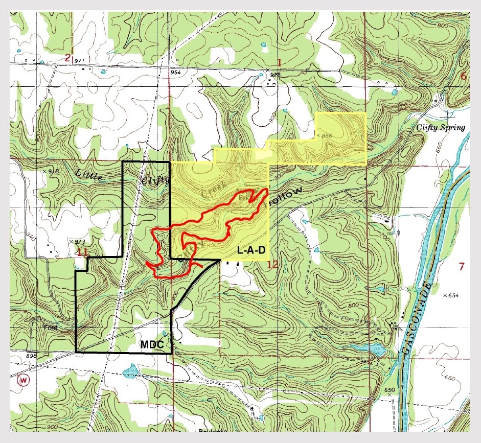 vicinity and topographic map of Clifty Creek Natural Area Missouri
