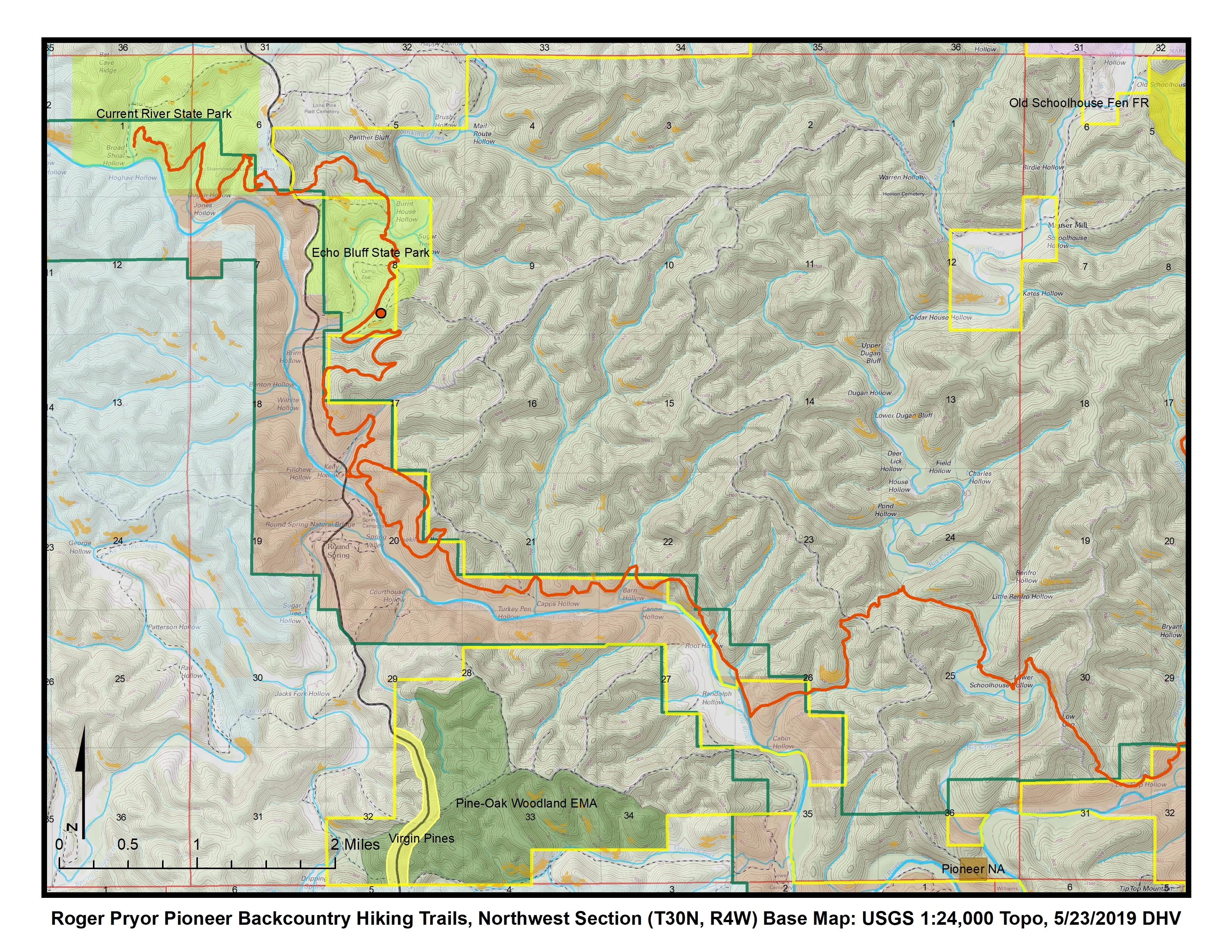 Current River Trail map showing northwest part of Pioneer Backcountry trail