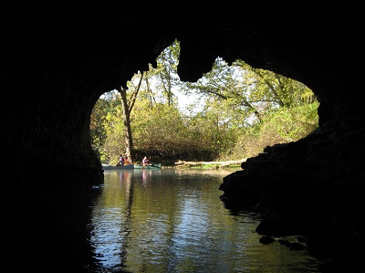 view from inside cave out to the Current River at Cave Spring Missouri