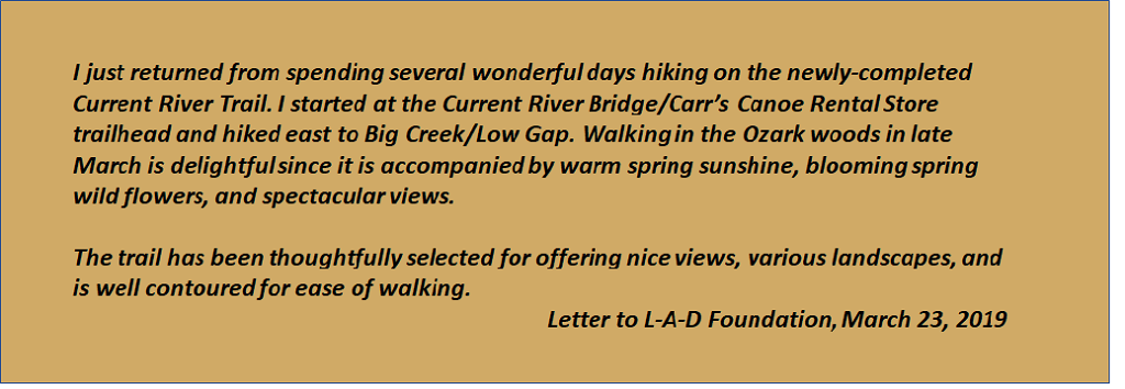 quote from letter describing enjoyment of Current River Trail