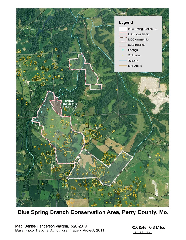 2019 map of Blue Spring Branch Conservation Area including Ball Mill